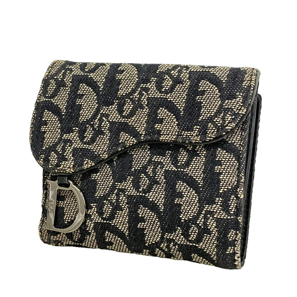 Christian Dior Tri-fold Wallet, Saddle Canvas, Black/Beige, Women's